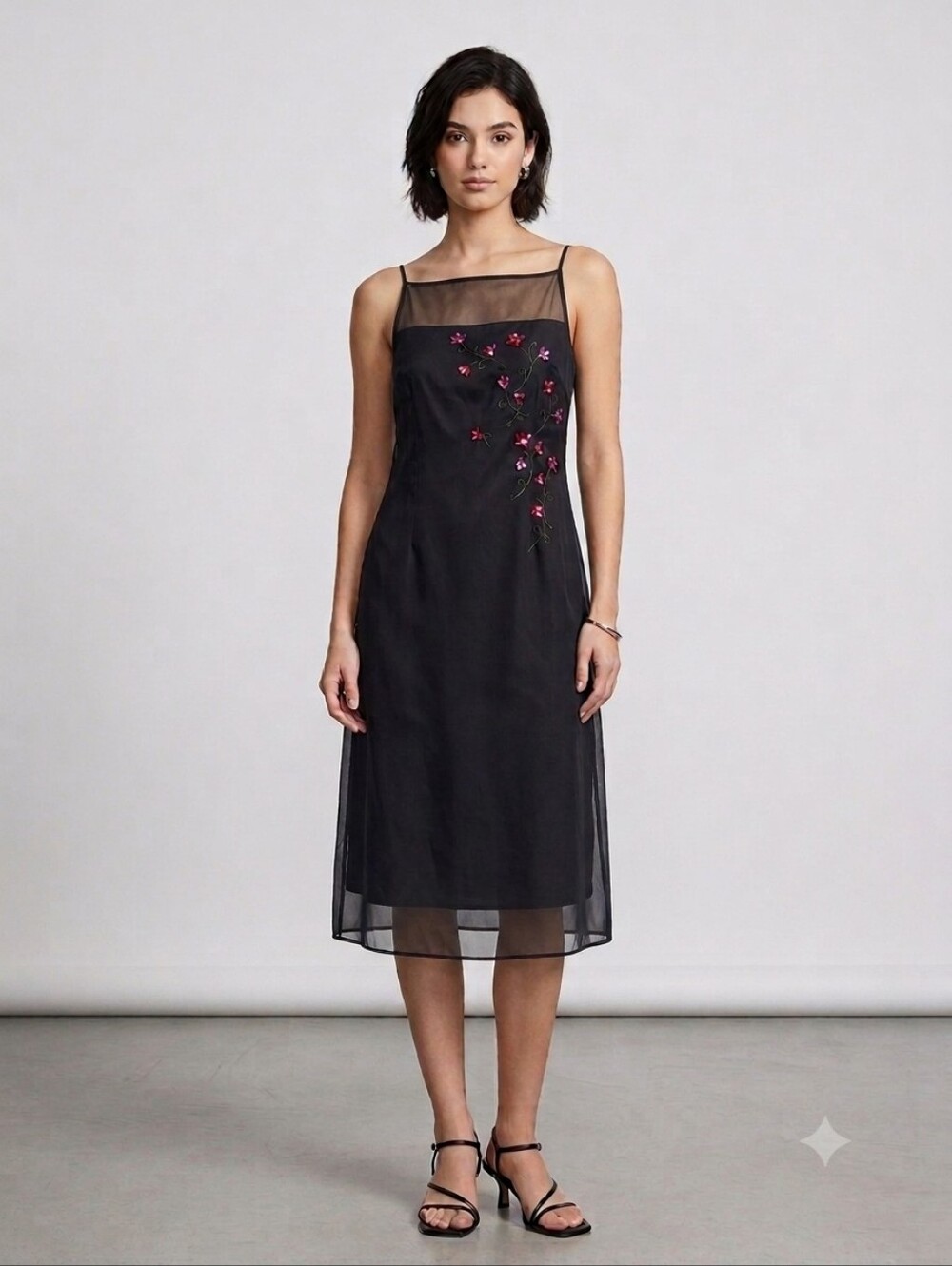 Vintage Phoebe Petites Black Beaded Floral Sheer Dress Sz 12 Fits Small Y2K 90s - Picture 1 of 8
